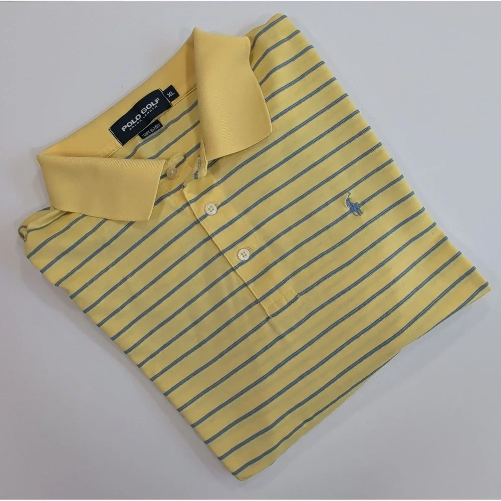 Ralph Lauren Polo Golf Shirt Men's XL Yellow Blue Striped Cotton Performance